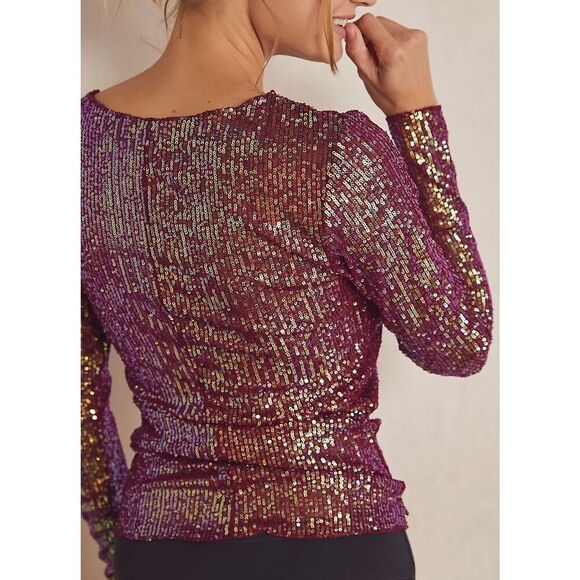 Free People Gold Rush Wine Long Sleeve Sequin Top NEW - Picture 2 of 9